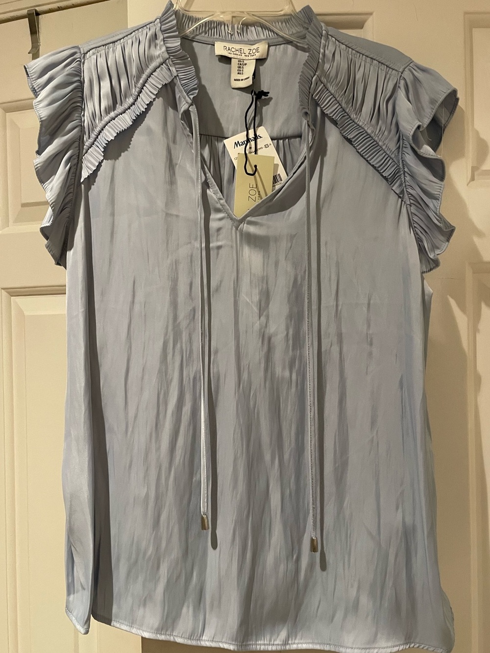 RACHEL ZOE PEARLY BLUE SATIN BLOUSE RUFFLES.  NWT. SMALL